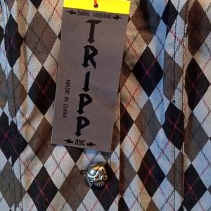 TRIPP NYC BLACK & GREY ARGYLE HALTER TOP/ VEST WITH BURGUNDY PLAID, SIZE SMALL